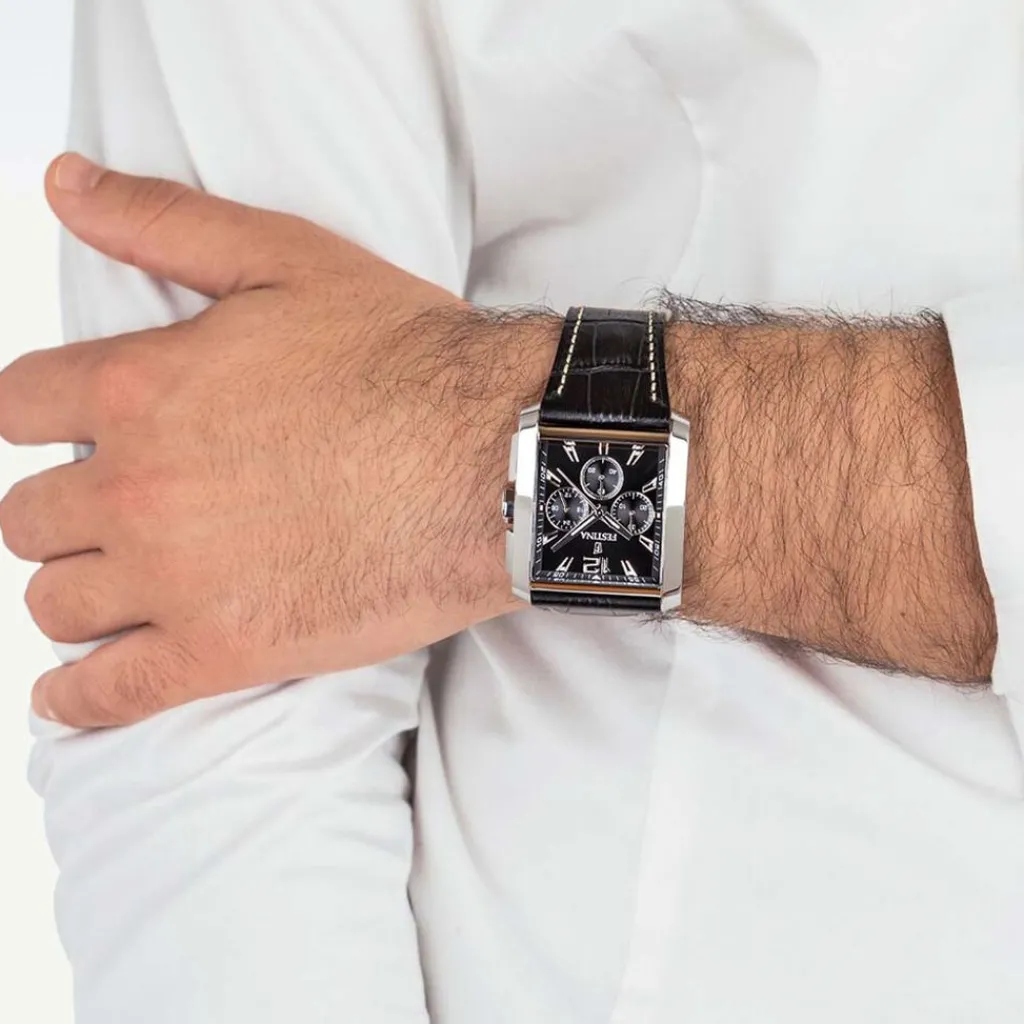 FESTINA Montre On The Square Chrono Noir cadran argenté fond noir bracelet cuir noir Clearance