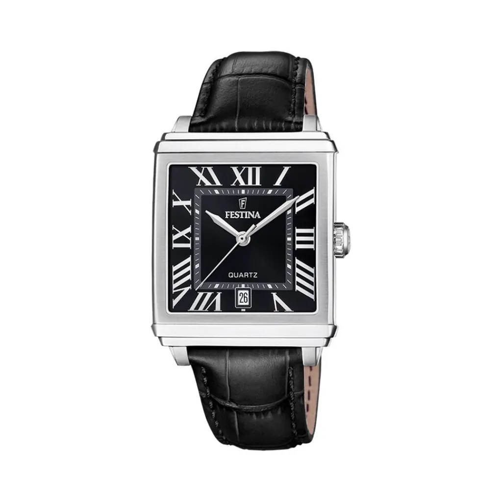 FESTINA Montre On The Square Noir cadran argenté fond noir bracelet cuir de vache noir