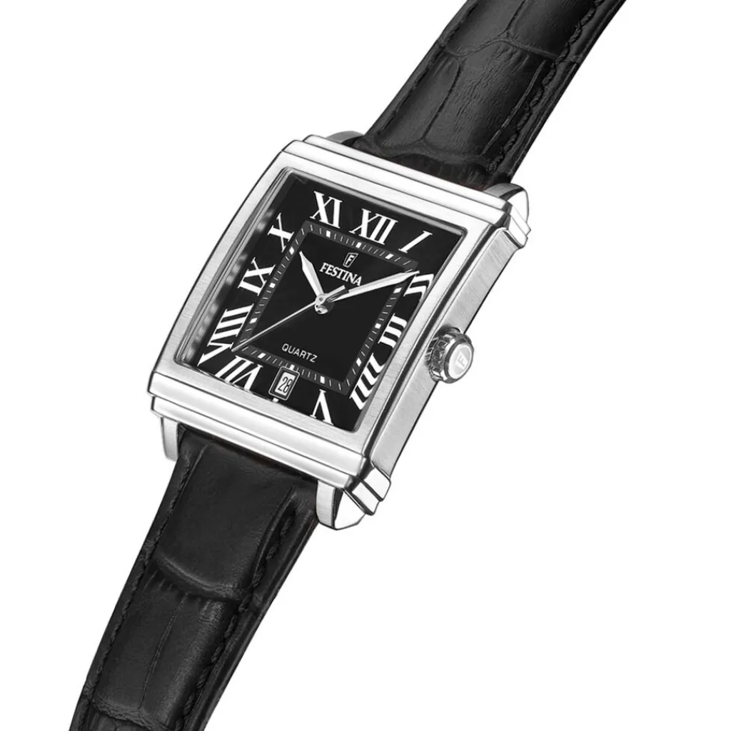 FESTINA Montre On The Square Noir cadran argenté fond noir bracelet cuir de vache noir