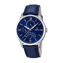 FESTINA Montre Retro Bleu cadran argenté fond bleu bracelet cuir bleu Hot