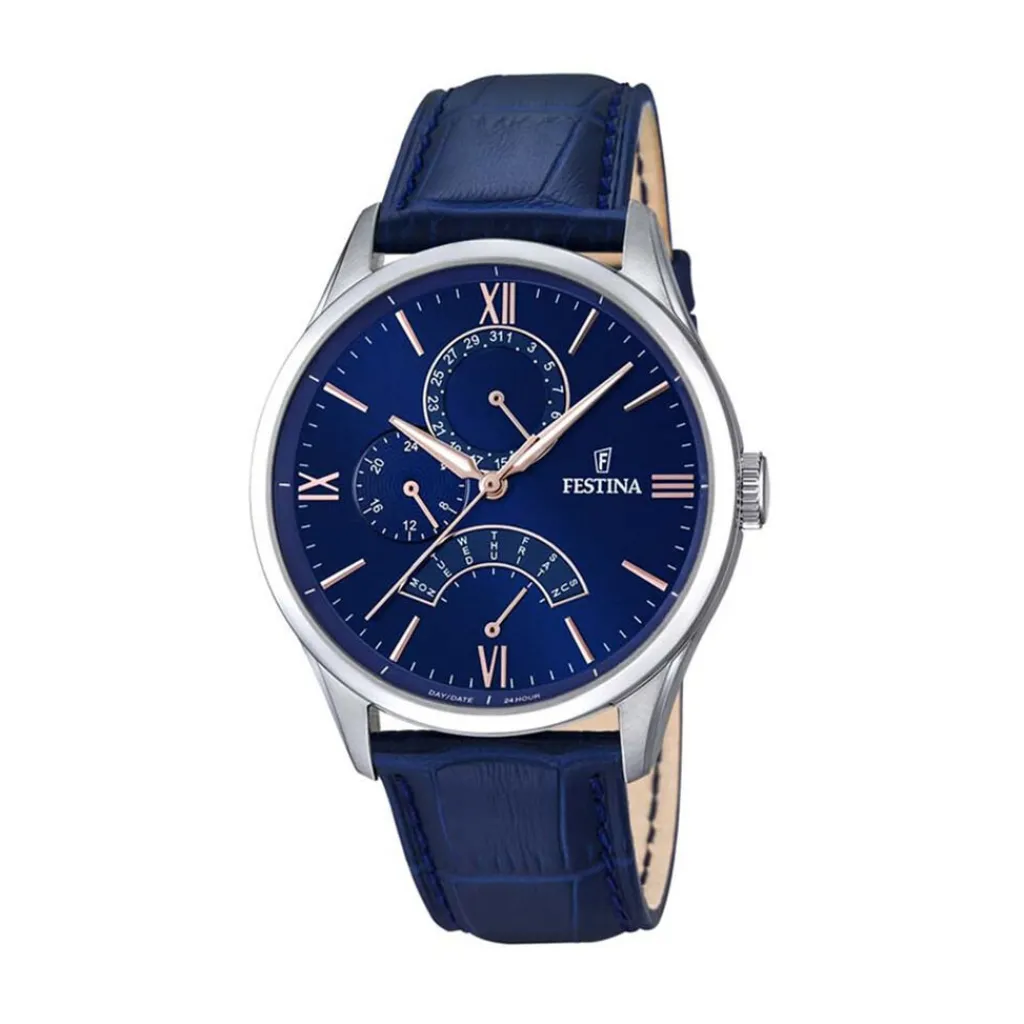 FESTINA Montre Retro Bleu cadran argenté fond bleu bracelet cuir bleu Hot