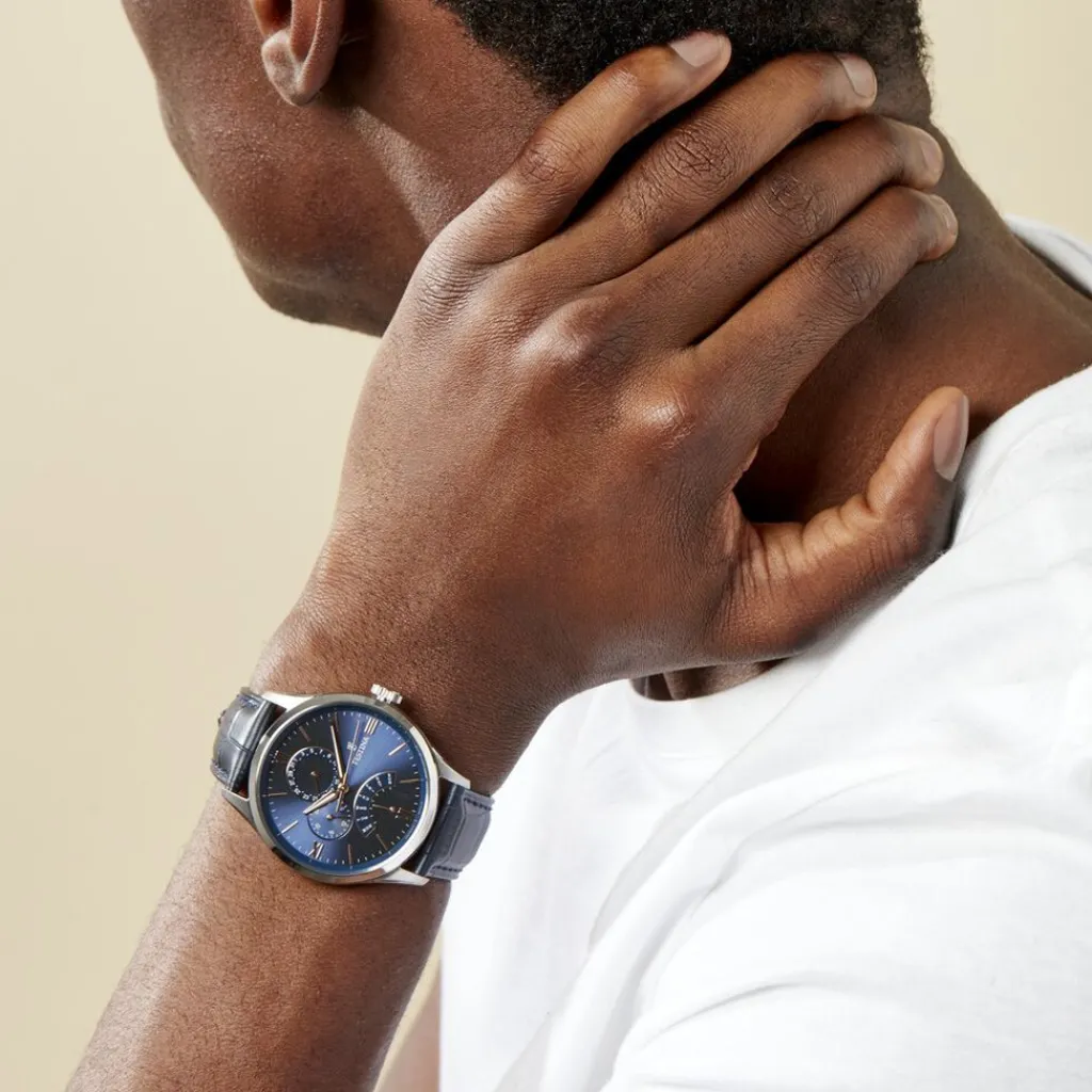 FESTINA Montre Retro Bleu cadran argenté fond bleu bracelet cuir bleu Hot