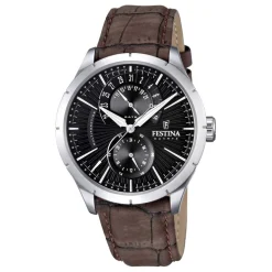 FESTINA Montre Retro Noir cadran argenté fond noir bracelet cuir marron Discount