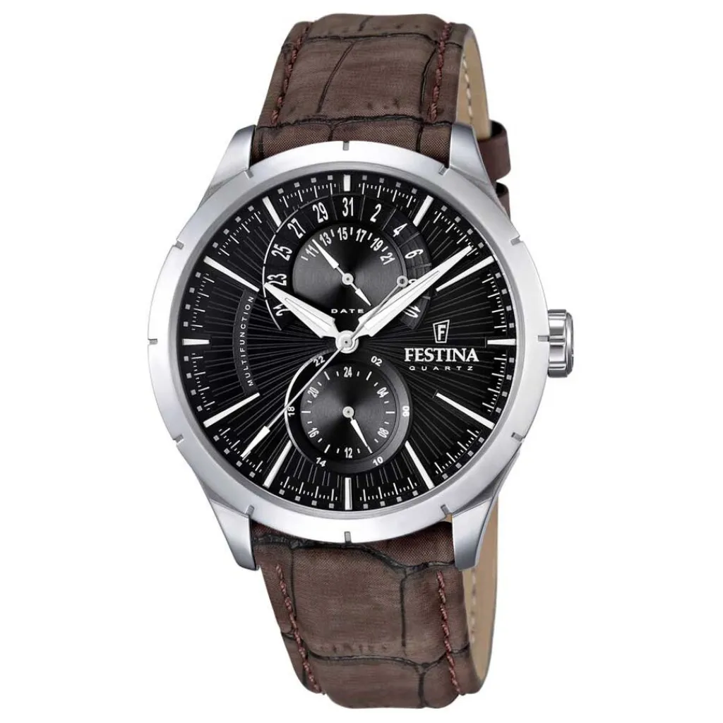 FESTINA Montre Retro Noir cadran argenté fond noir bracelet cuir marron Discount