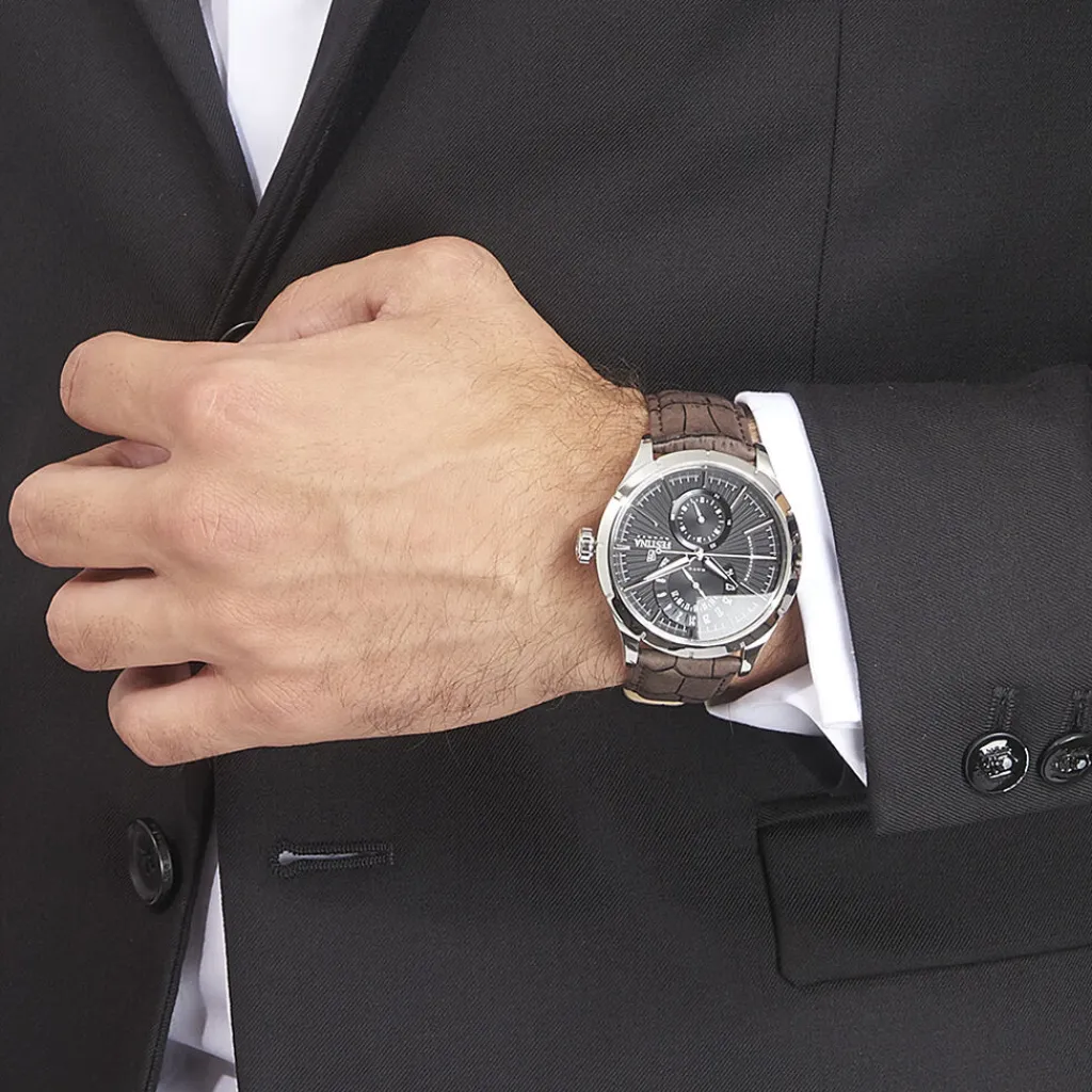 FESTINA Montre Retro Noir cadran argenté fond noir bracelet cuir marron Discount