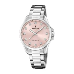 FESTINA Montre Solar Energy Rose cadran argenté fond rose bracelet acier argenté