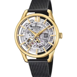 FESTINA Montre Squelette cadran doré fond doré bracelet acier noir New