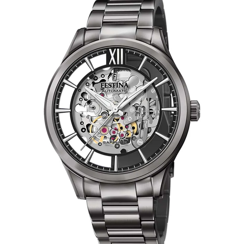 FESTINA Montre Squelette cadran gris fond gris bracelet acier gris New