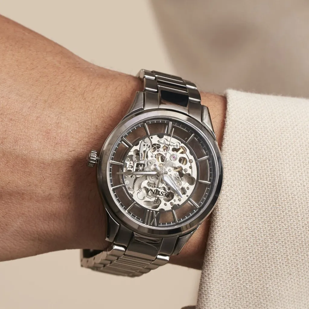 FESTINA Montre Squelette cadran gris fond gris bracelet acier gris New