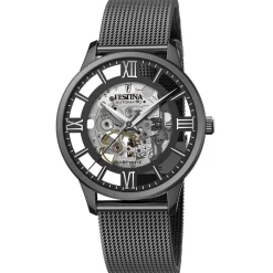FESTINA Montre Squelette Blanc cadran noir fond noir bracelet acier noir Outlet
