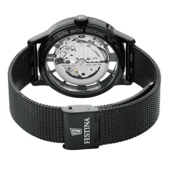 FESTINA Montre Squelette Blanc cadran noir fond noir bracelet acier noir Outlet