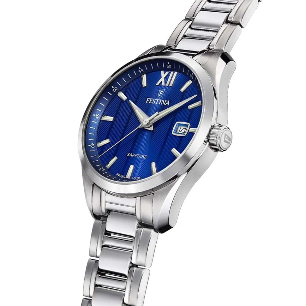 FESTINA SWISS MADE Montre 37,5 Bleu London cadran argenté fond bleu london bracelet acier argenté Hot
