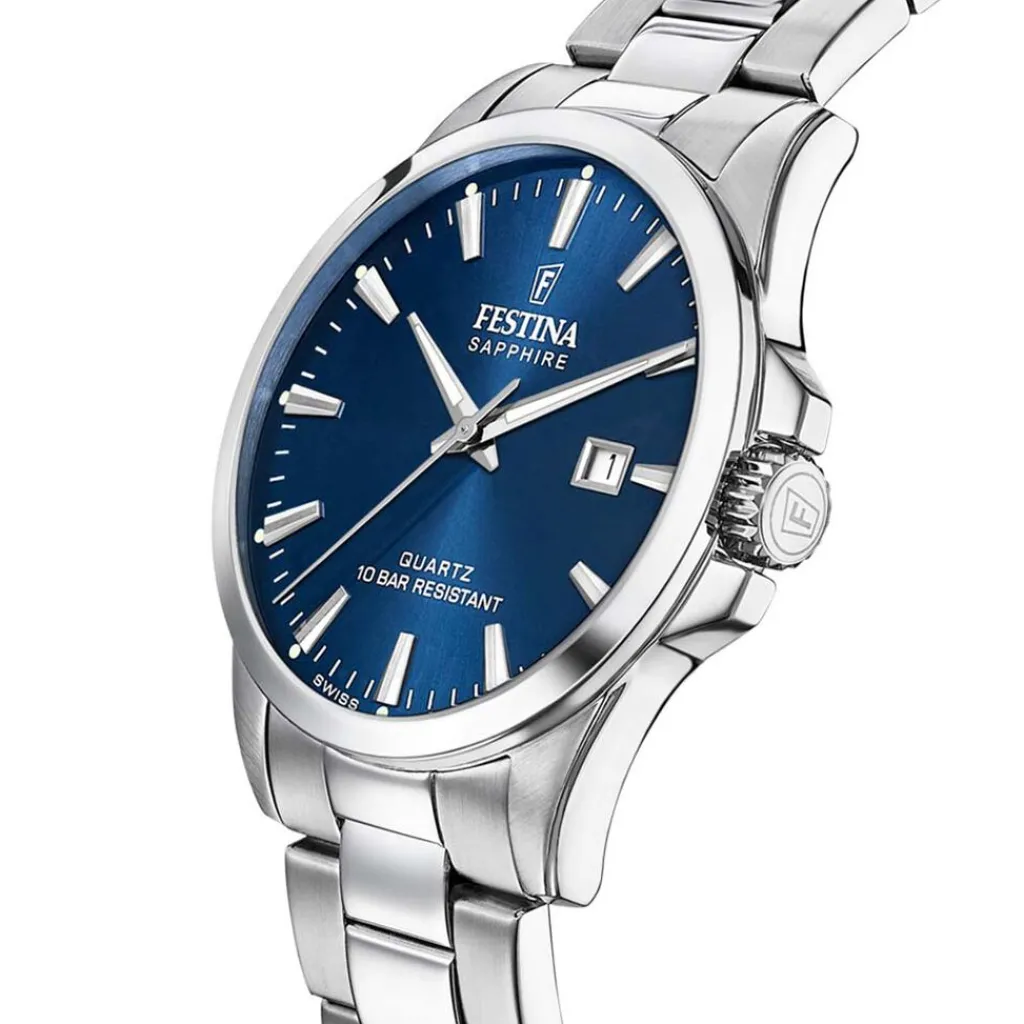 FESTINA SWISS MADE Montre 41 Bleu London cadran argenté fond bleu london bracelet acier argenté Clearance