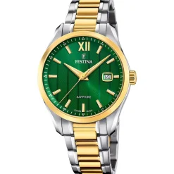 FESTINA SWISS MADE Montre 37,5 Vert cadran bicolore doré / blanc fond vert bracelet acier bicolore Hot