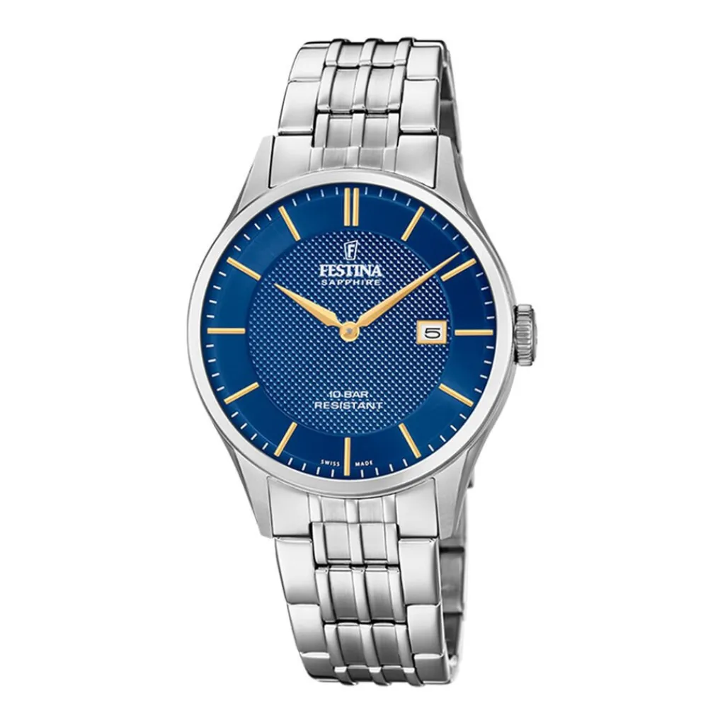 FESTINA SWISS MADE Montre 40 Bleu London cadran argenté fond bleu london bracelet acier argenté