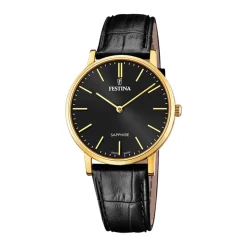 FESTINA SWISS MADE Montre 39 Noir cadran doré fond noir bracelet cuir noir Best