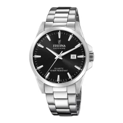 FESTINA SWISS MADE Montre 41 Noir cadran argenté fond noir bracelet acier argenté Outlet