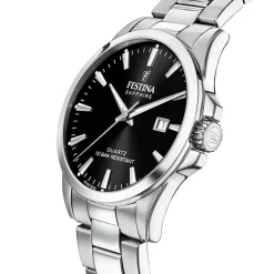 FESTINA SWISS MADE Montre 41 Noir cadran argenté fond noir bracelet acier argenté Outlet