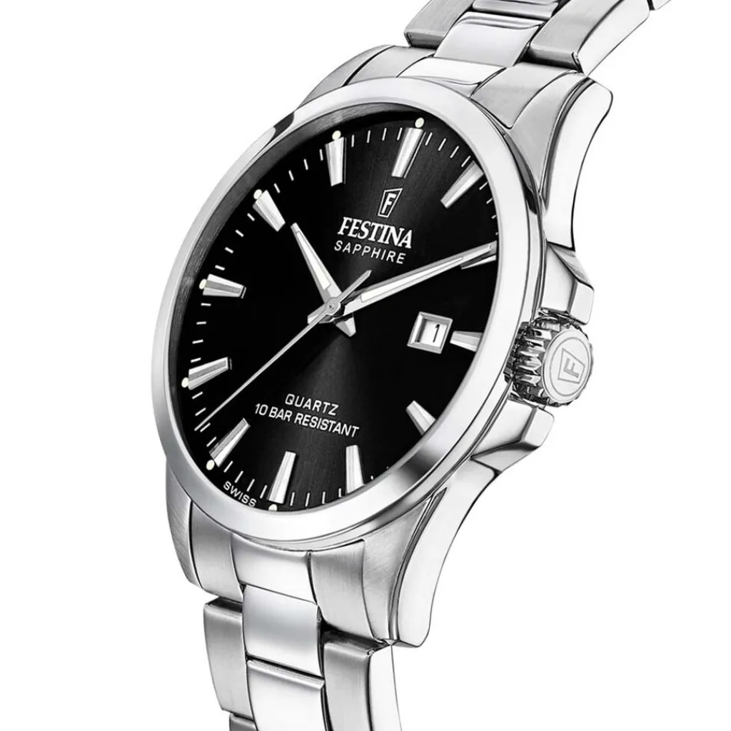 FESTINA SWISS MADE Montre 41 Noir cadran argenté fond noir bracelet acier argenté Outlet