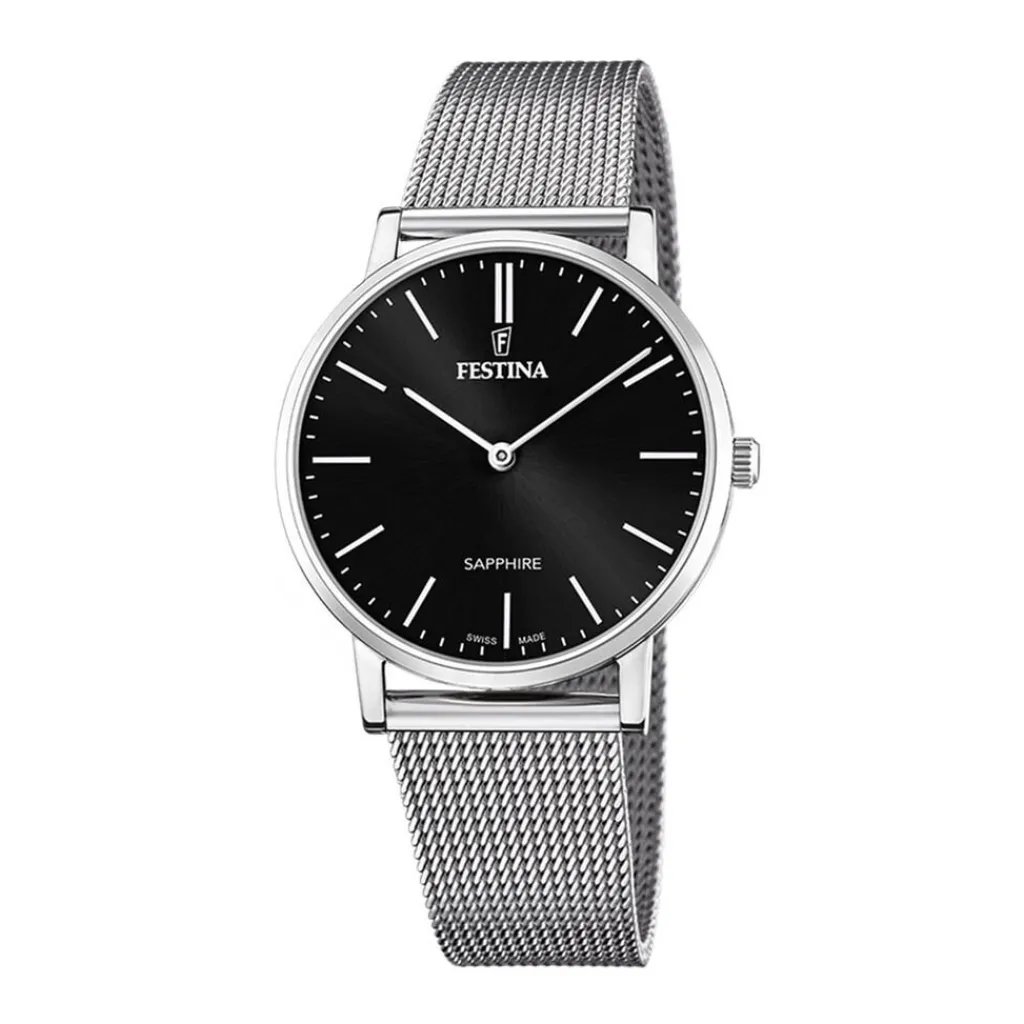 FESTINA SWISS MADE Montre 39 Noir cadran argenté fond noir bracelet acier argenté Online