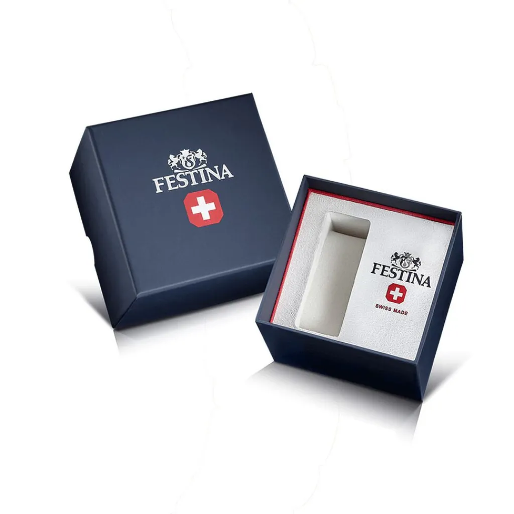 FESTINA SWISS MADE Montre 39 Blanc cadran argenté fond blanc bracelet cuir noir New