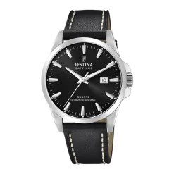 FESTINA SWISS MADE Montre 41 Noir cadran argenté fond noir bracelet cuir noir Hot