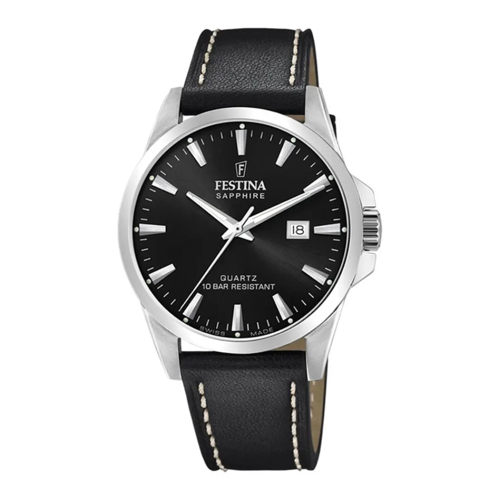FESTINA SWISS MADE Montre 41 Noir cadran argenté fond noir bracelet cuir noir Hot