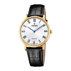 FESTINA SWISS MADE Montre 39 Argenté cadran doré fond argenté bracelet cuir noir Discount