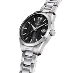 FESTINA SWISS MADE Montre 37,5 Noir cadran argenté fond noir bracelet acier argenté Clearance