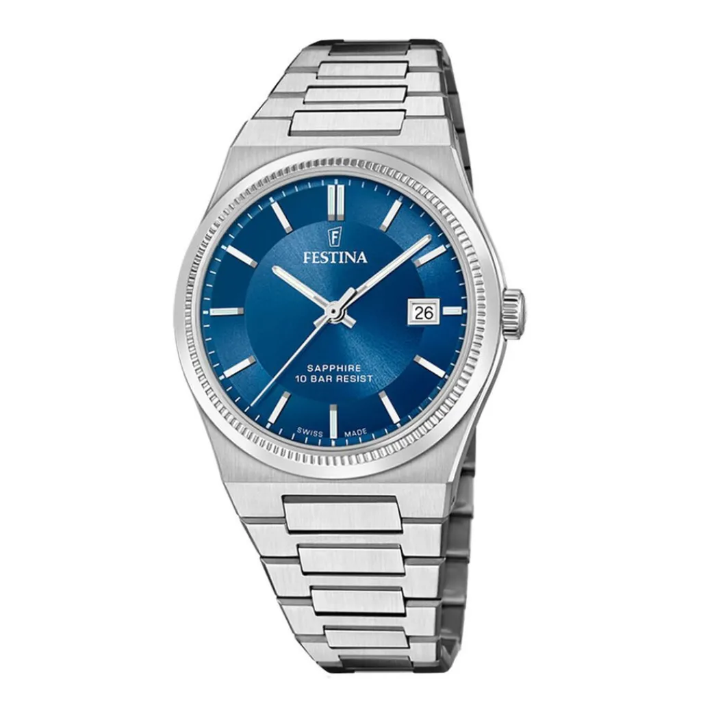 FESTINA SWISS MADE Montre 40 Bleu London cadran argenté fond bleu london bracelet acier argenté Best