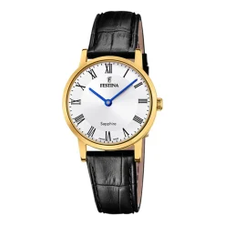 FESTINA SWISS MADE Montre 29 Argenté cadran doré fond argenté bracelet cuir noir Outlet