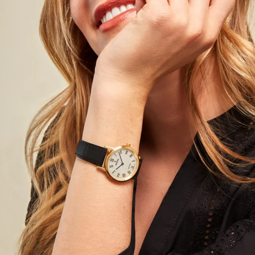 FESTINA SWISS MADE Montre 29 Argenté cadran doré fond argenté bracelet cuir noir Outlet