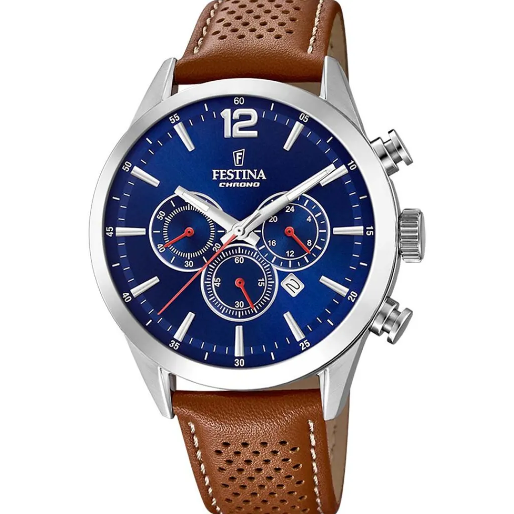 FESTINA Montre Timeless Chronograph Bleu cadran argenté fond bleu bracelet cuir marron Discount