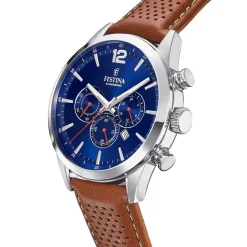 FESTINA Montre Timeless Chronograph Bleu cadran argenté fond bleu bracelet cuir marron Discount