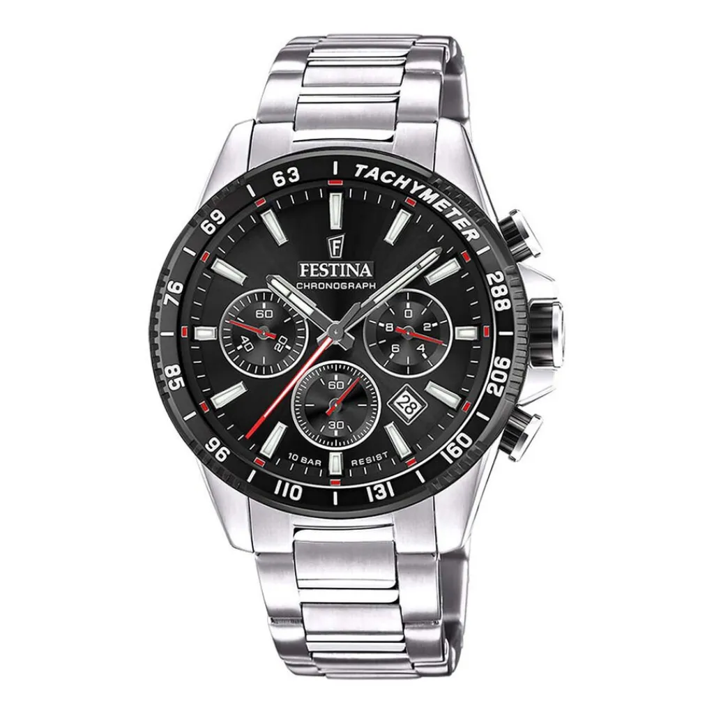 FESTINA Montre Timeless Chronograph Noir cadran argenté fond noir bracelet acier argenté Sale