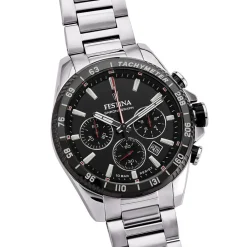 FESTINA Montre Timeless Chronograph Noir cadran argenté fond noir bracelet acier argenté Sale