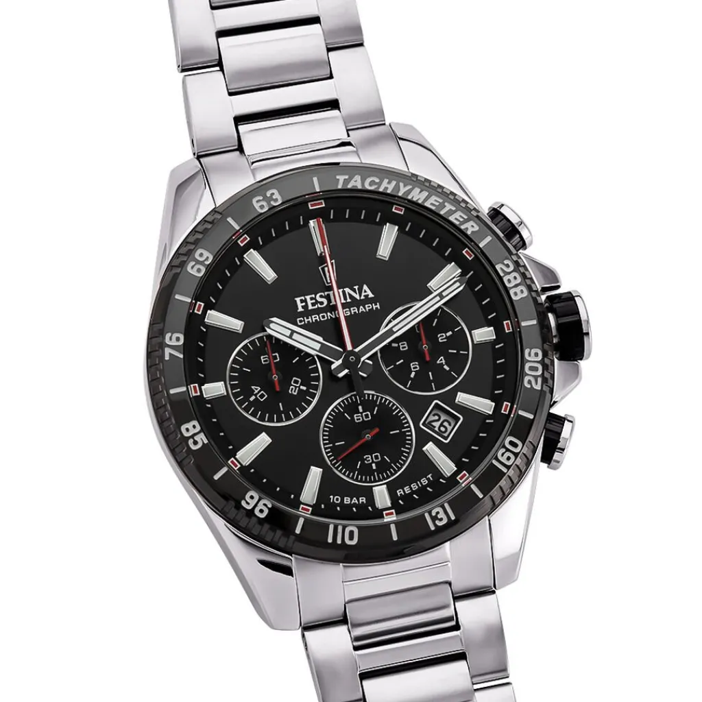 FESTINA Montre Timeless Chronograph Noir cadran argenté fond noir bracelet acier argenté Sale