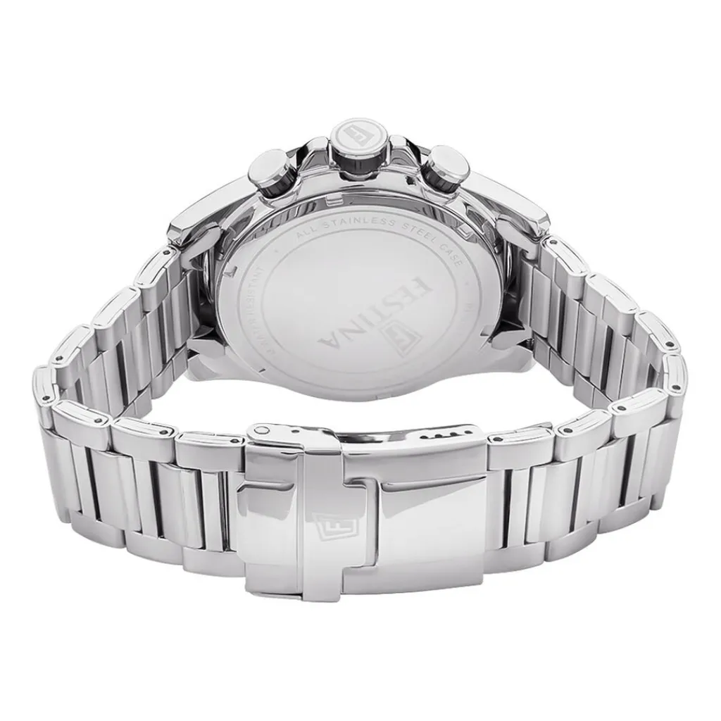 FESTINA Montre Timeless Chronograph Noir cadran argenté fond noir bracelet acier argenté Sale