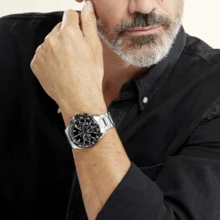 FESTINA Montre Timeless Chronograph Noir cadran argenté fond noir bracelet acier argenté Sale