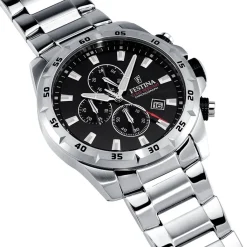 FESTINA Montre Timeless Chronograph Noir cadran argenté fond noir bracelet acier argenté New