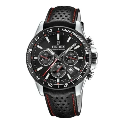 FESTINA Montre Timeless Chronograph Noir cadran argenté fond noir bracelet cuir noir Best