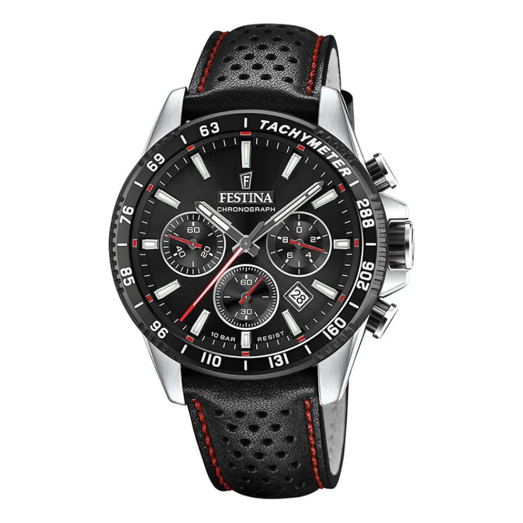 FESTINA Montre Timeless Chronograph Noir cadran argenté fond noir bracelet cuir noir Best