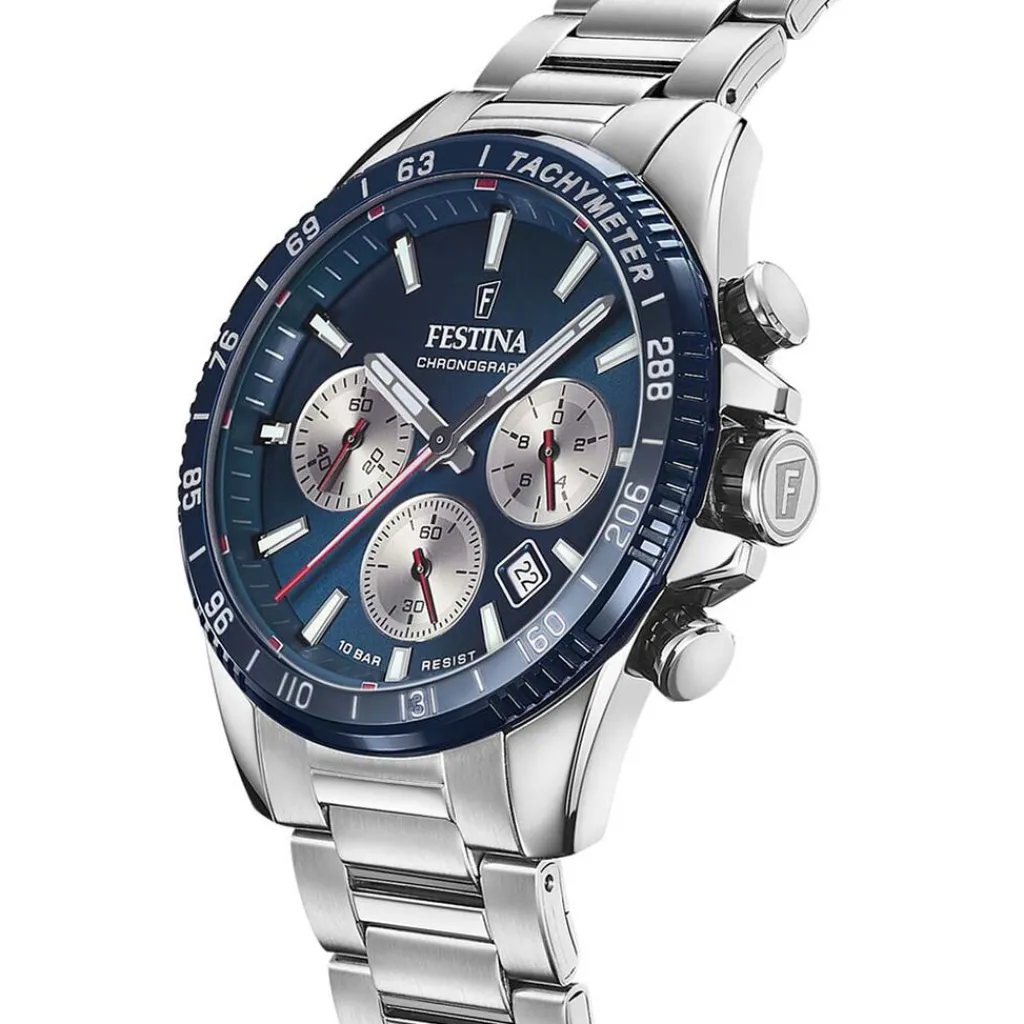 FESTINA Montre Timeless Chronograph Bleu cadran argenté fond bleu bracelet acier argenté Clearance