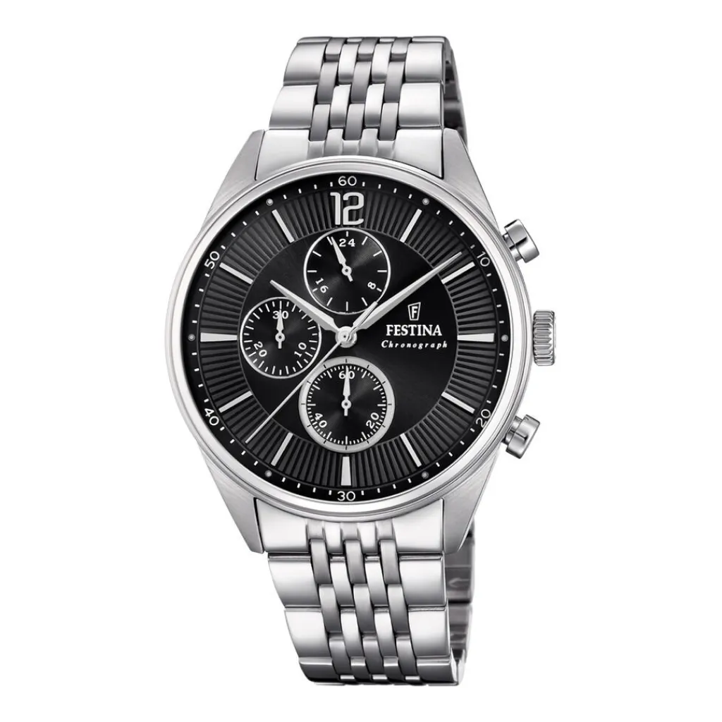 FESTINA Montre Timeless Chronograph Noir cadran argenté fond noir bracelet acier argenté Outlet