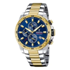 FESTINA Montre Timeless Chronograph Bleu cadran argenté fond bleu bracelet acier bicolore Outlet