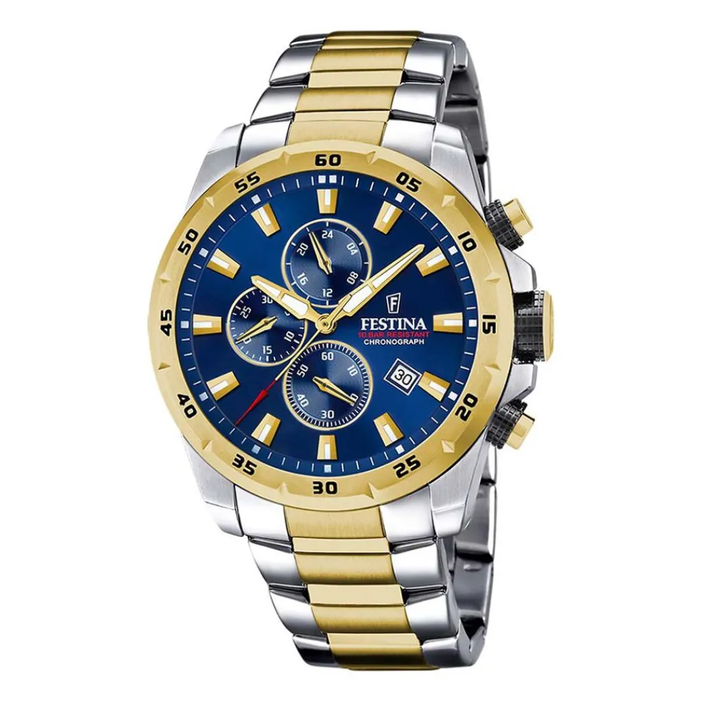 FESTINA Montre Timeless Chronograph Bleu cadran argenté fond bleu bracelet acier bicolore Outlet