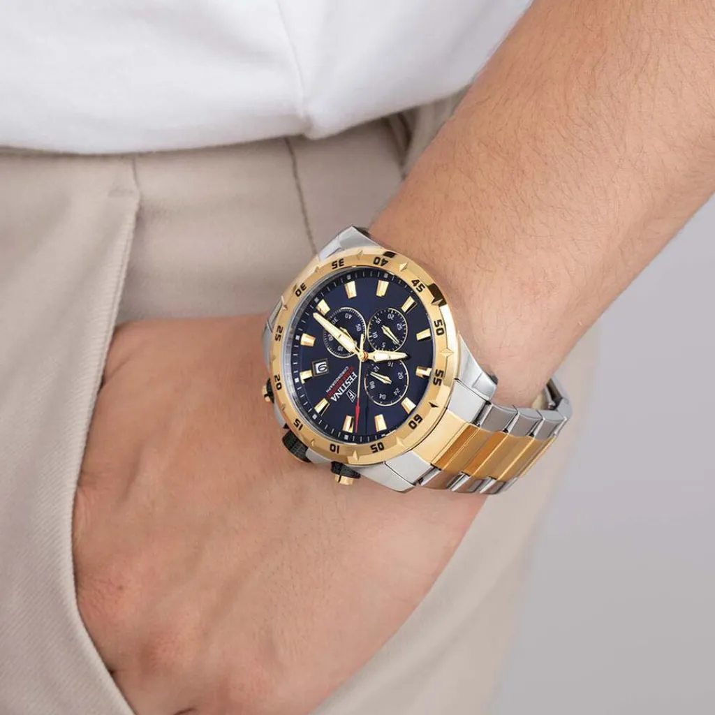 FESTINA Montre Timeless Chronograph Bleu cadran argenté fond bleu bracelet acier bicolore Outlet