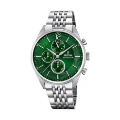 FESTINA Montre Timeless Chronograph Vert cadran argenté fond vert bracelet acier argenté Best