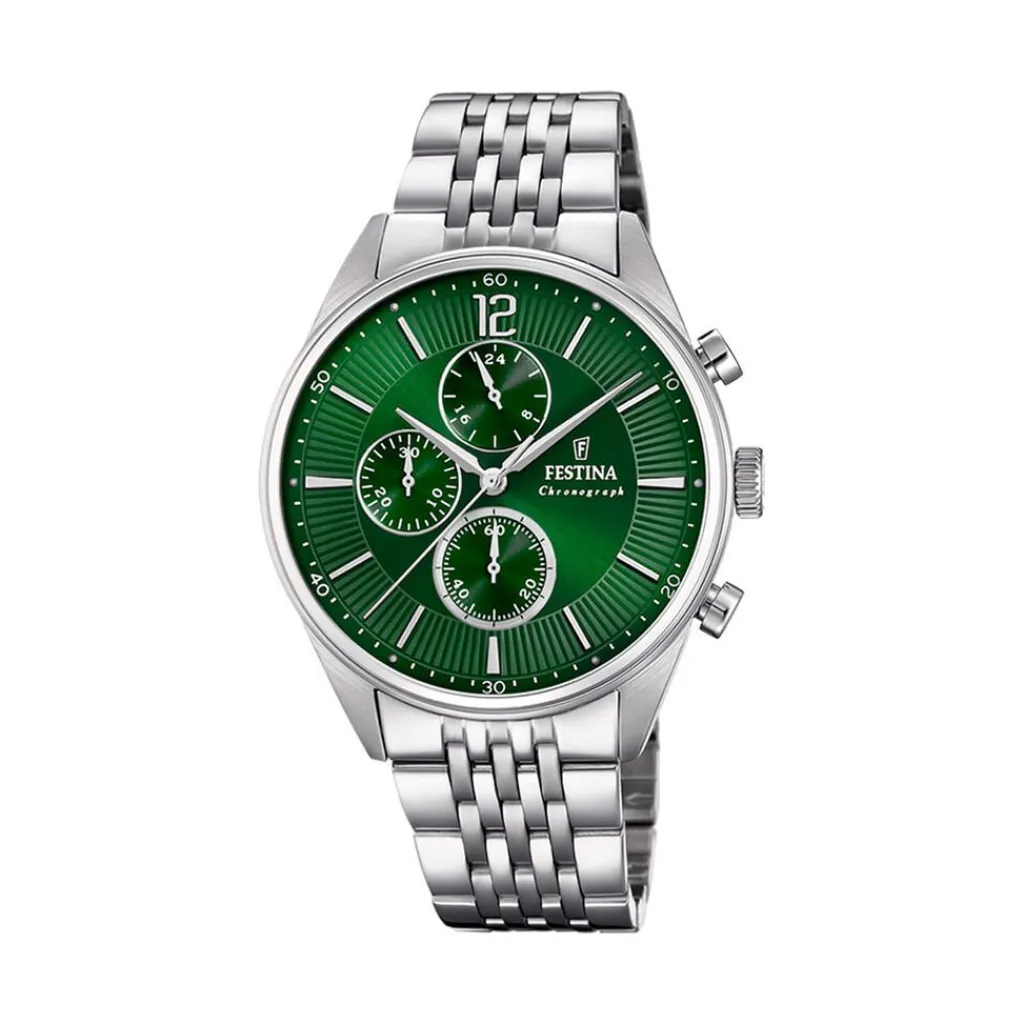 FESTINA Montre Timeless Chronograph Vert cadran argenté fond vert bracelet acier argenté Best