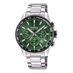 FESTINA Montre Timeless Chronograph Vert cadran argenté fond vert bracelet acier argenté